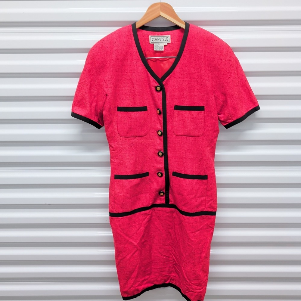 Carlisle Dress 10 Women Pink 100% Silk Short Sleeve V-Neck Black Trim Vintage — photo 3